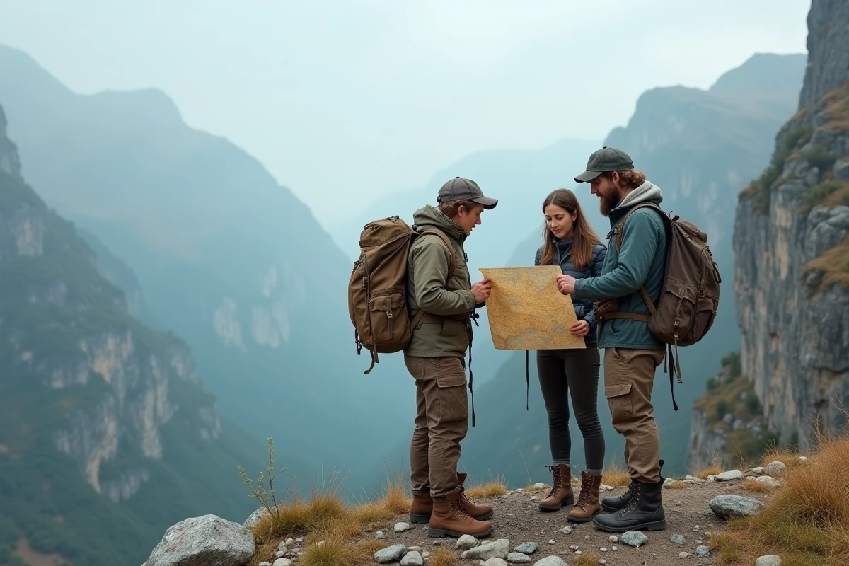 Groupe d'explorateurs consultant une carte face à un paysage montagneux brumeux, illustrant la progression de l'histoire principale d'Expedition 33