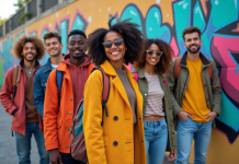 Groupe de jeunes en streetwear devant un mur graffiti coloré