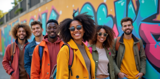 Groupe de jeunes en streetwear devant un mur graffiti coloré