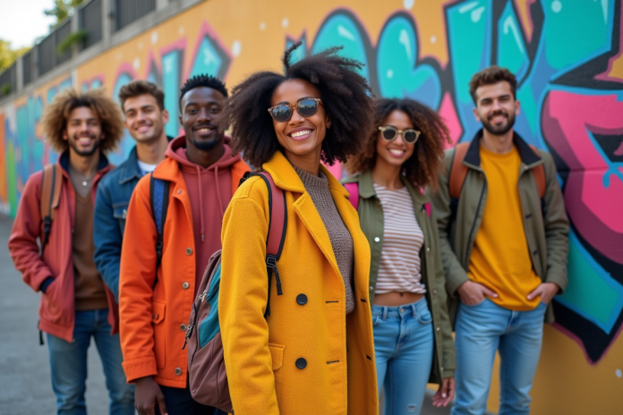 Groupe de jeunes en streetwear devant un mur graffiti coloré