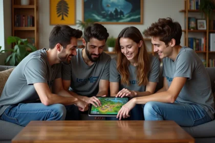 Quatre jeunes adultes jouent ensemble dans un salon moderne