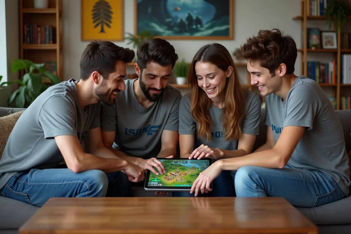 Quatre jeunes adultes jouent ensemble dans un salon moderne