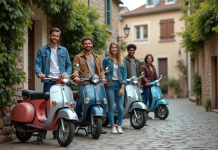 Comparatif des meilleurs modèles de mobylette Dax Trois jeunes adultes avec des mopeds vintage dans un village français