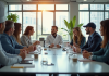 Groupe de professionnels autour d'une table en bureau lumineux