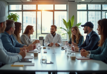 Groupe de professionnels autour d'une table en bureau lumineux