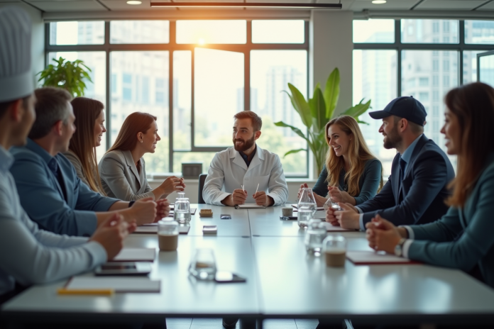 Groupe de professionnels autour d'une table en bureau lumineux