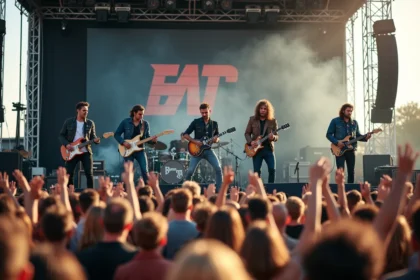 Groupe de rock français en concert sur une scène de festival en plein air avec foule enthousiaste