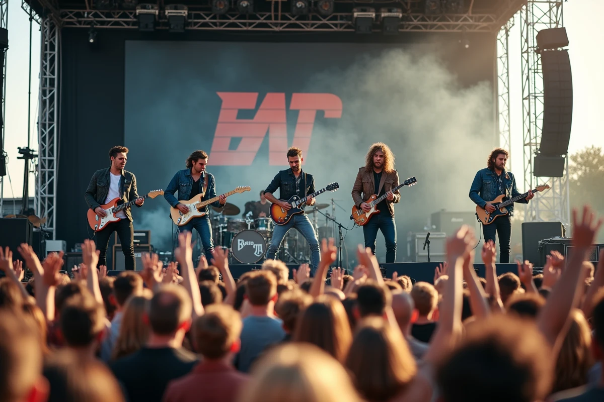 Groupe de rock français en concert sur une scène de festival en plein air avec foule enthousiaste