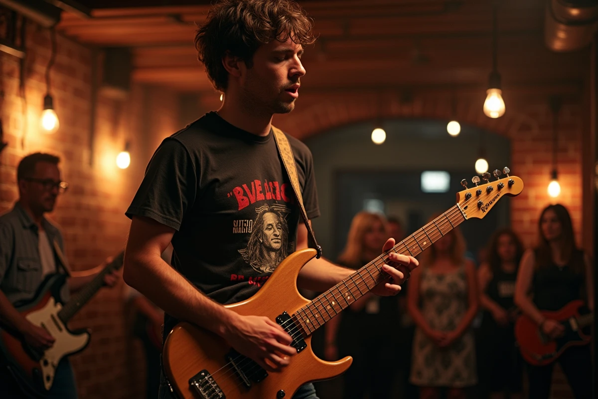 Guitariste de rock français en plein solo dans une salle de concert intimiste