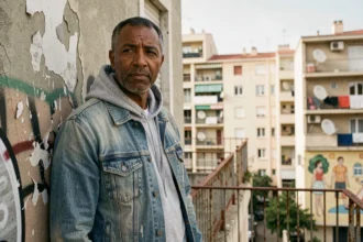 Habitant des quartiers nords de Marseille devant un immeuble HLM avec graffitis et balcons typiques du tissu urbain marseillais