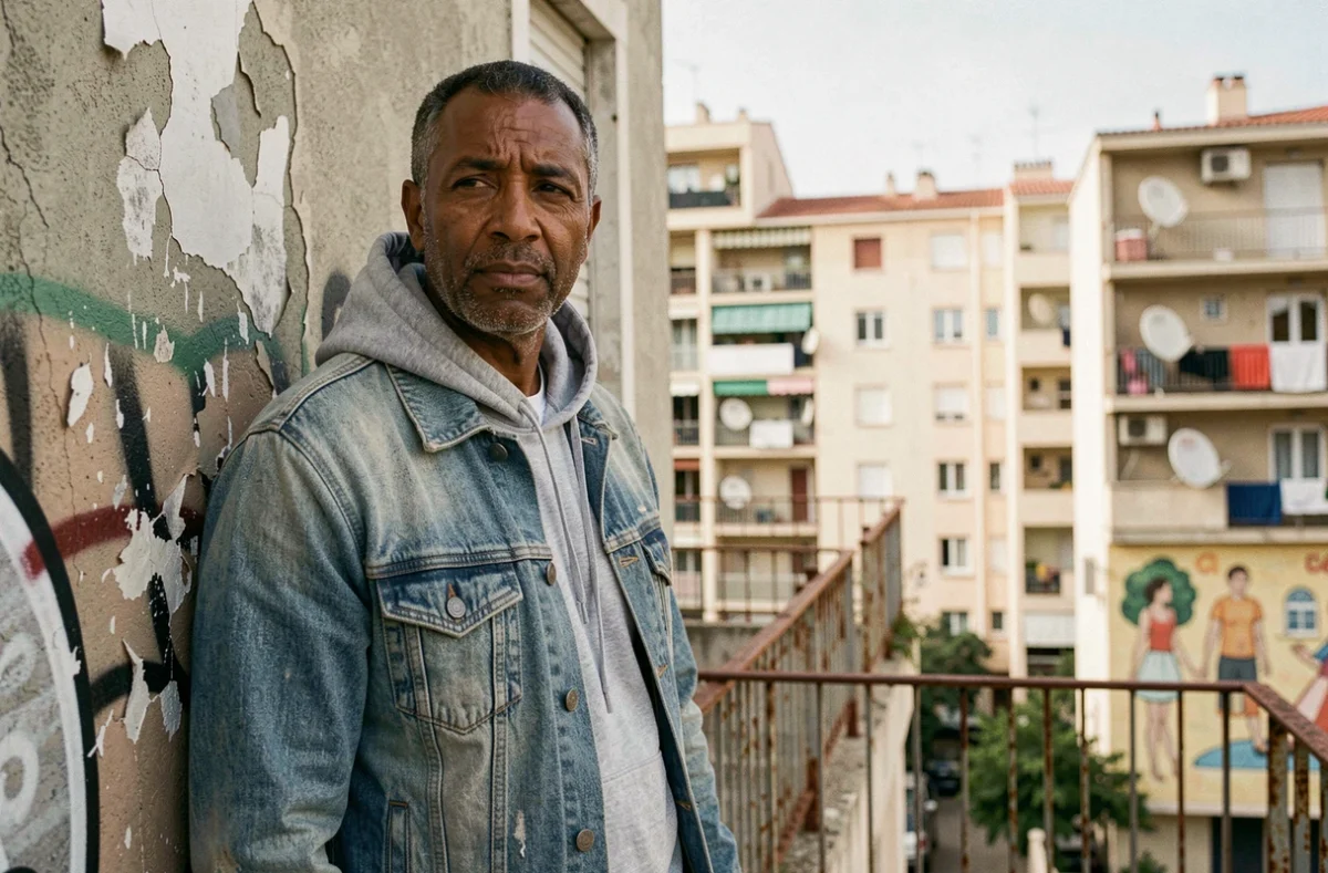 Habitant des quartiers nords de Marseille devant un immeuble HLM avec graffitis et balcons typiques du tissu urbain marseillais