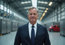 Homme d'affaires devant une usine automobile moderne