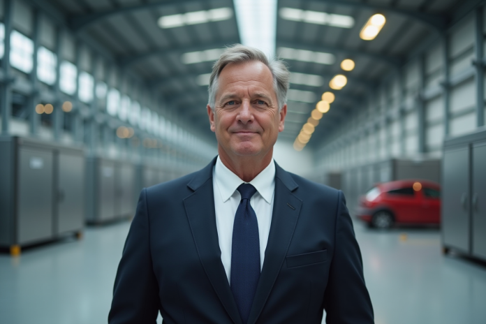 homme-affaire-usine-automobile Homme d'affaires devant une usine automobile moderne