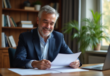 Homme d'affaires souriant dans son bureau à domicile