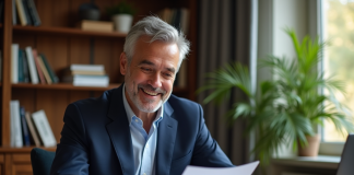 Homme d'affaires souriant dans son bureau à domicile