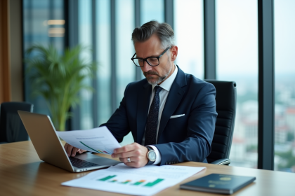 Homme d'affaires en costume navy dans un bureau moderne