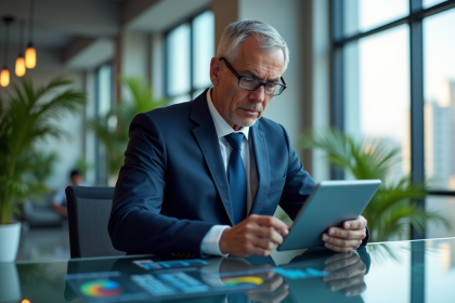 Homme d'affaires en costume bleu analysant des graphiques numériques