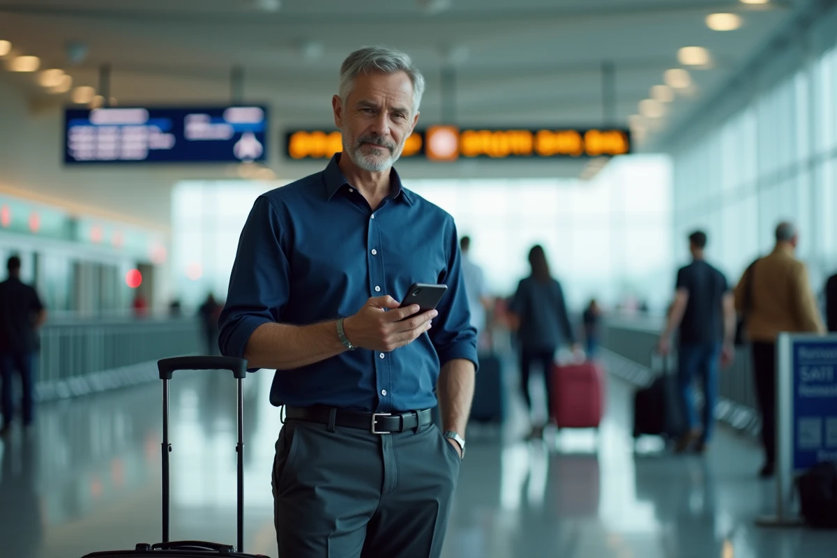 Homme consultant l'application Xikori sur smartphone dans un terminal d'aéroport pour réserver un vol