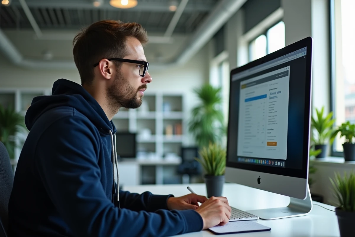 Homme au bureau regardant son écran d