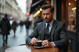 Homme d'âge moyen dans un costume sombre au café urbain