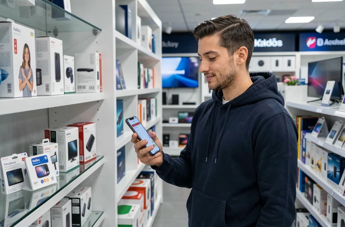 Homme consultant un site e-commerce avec une carte cadeau Kadéos Edenred dans un magasin moderne