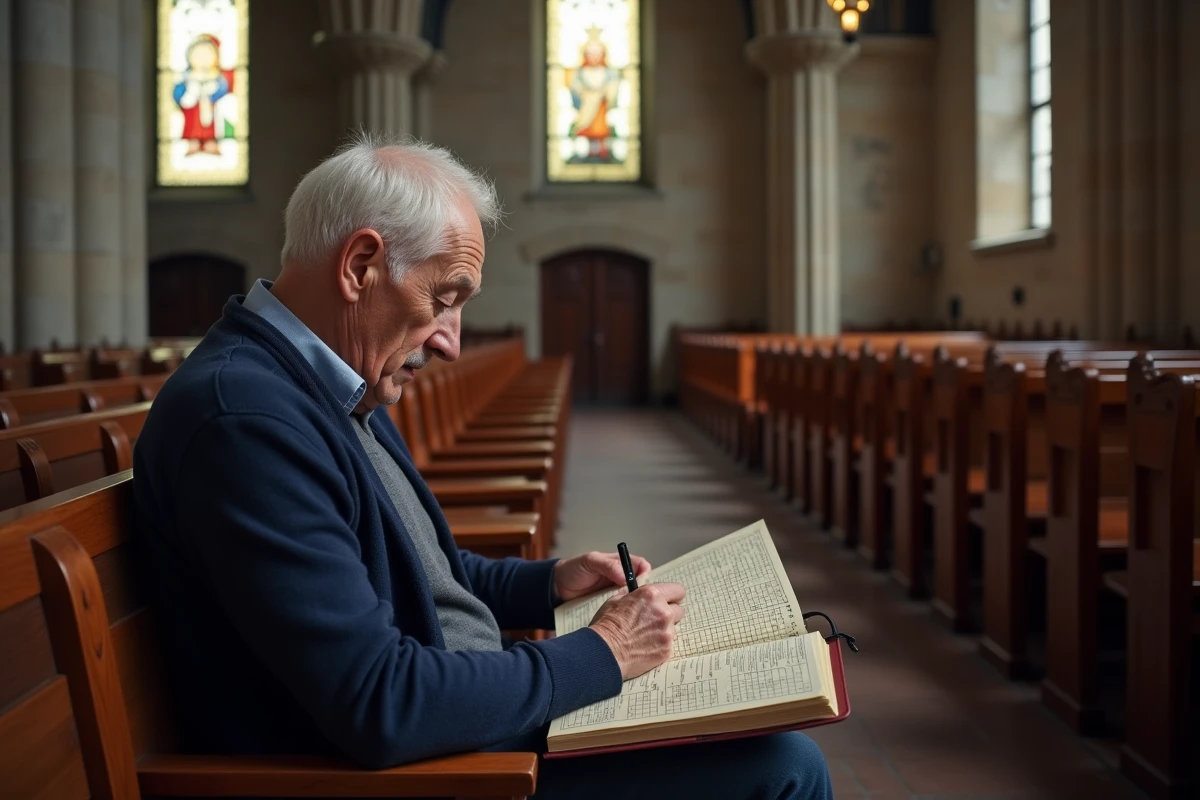 Homme âgé écrivant des indices dans un livre de mots fléchés dans une chapelle