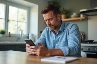 Homme d'âge moyen concentré sur son smartphone dans une cuisine moderne