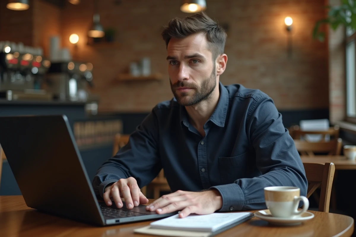 Homme travaillant sur la conjugaison française dans un café avec un ordinateur portable et un carnet de notes