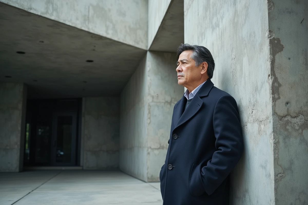 Homme contemplant une structure moderne en béton de Breuer