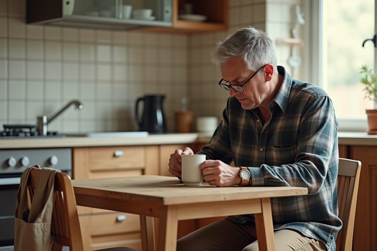Homme nettoyant une tasse en céramique dans sa cuisine