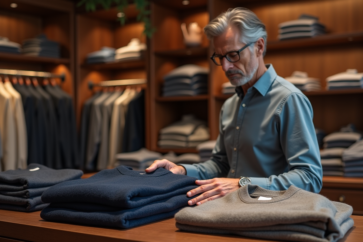 Homme inspectant des pulls en fibres rares dans une boutique