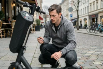 Homme accroupi examinant la trottinette électrique avant de la débrider sur un trottoir urbain