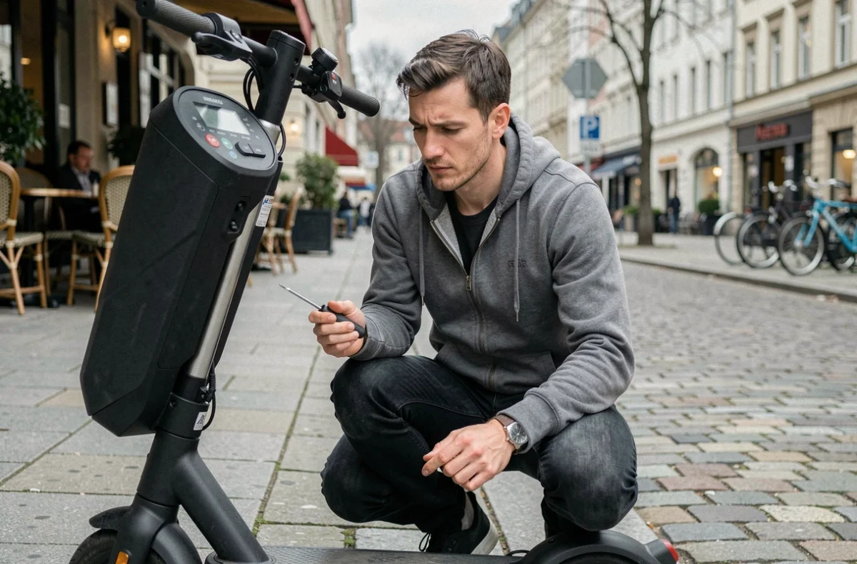 Homme accroupi examinant la trottinette électrique avant de la débrider sur un trottoir urbain