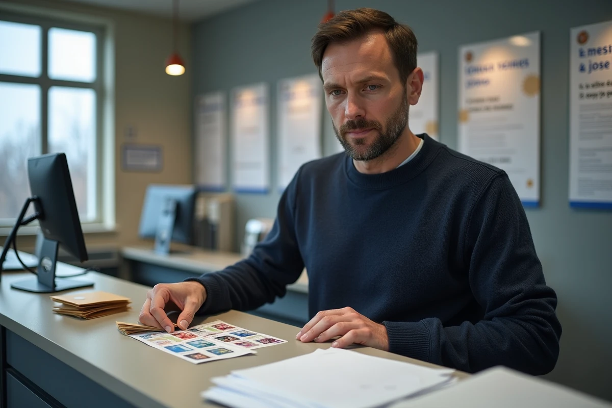 Homme comparant des feuilles de timbres au guichet d'un bureau de poste avec des enveloppes de différentes tailles