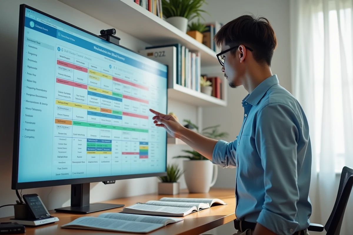 Homme en bureau lisant un planning de webtoons sur ecran digital