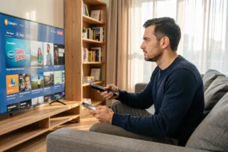 Homme hésitant entre un code Canal Plus gratuit et un abonnement payant, assis dans son salon moderne devant une télévision affichant l'interface Canal+