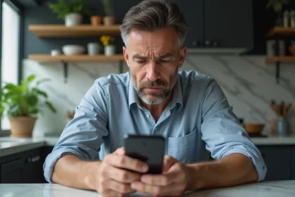 Homme inquiet regardant son smartphone dans la cuisine