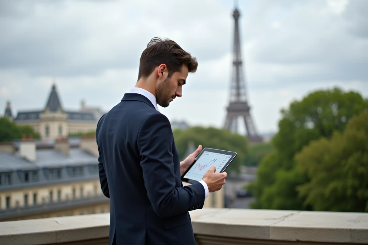 Jeune homme français regardant des graphiques d