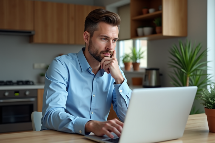 homme-lecture-documents-maison Homme en bleu étudiant des documents de prêt immobilier