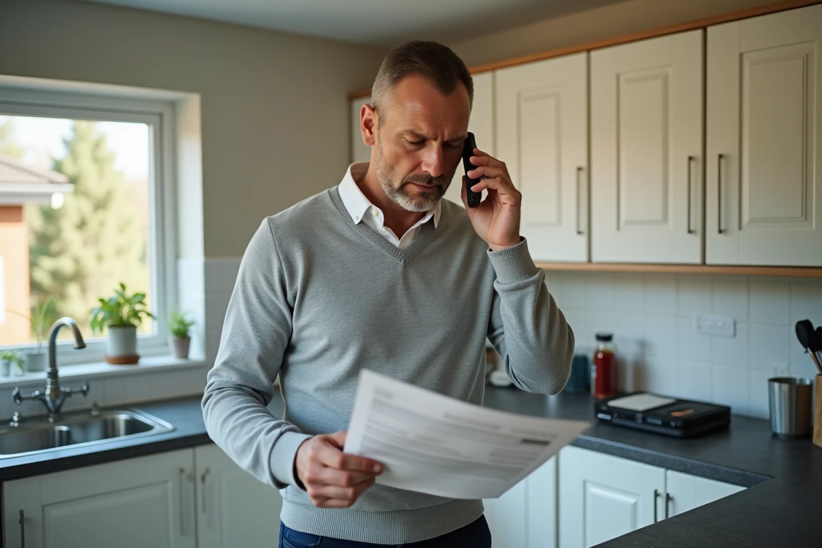 Homme lisant un relevé bancaire dans la cuisine