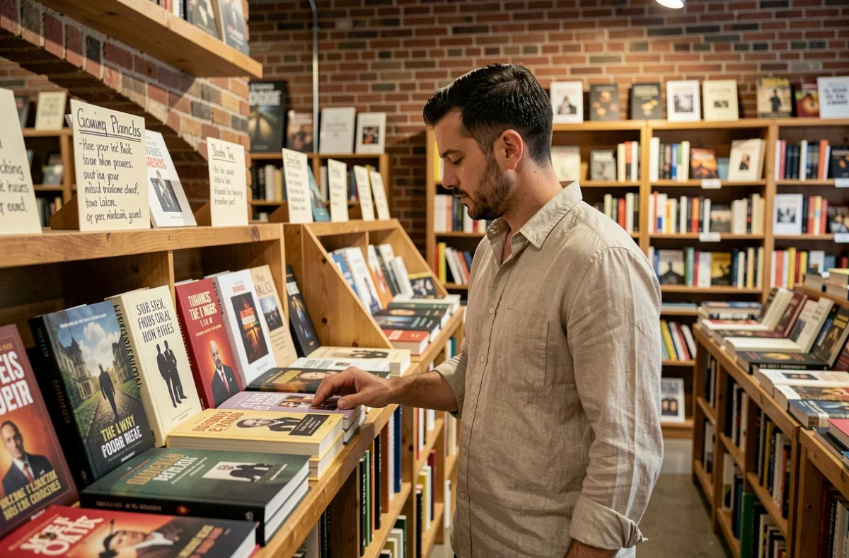 Homme parcourant une sélection de romans historiques dans une librairie indépendante aux murs en briques apparentes