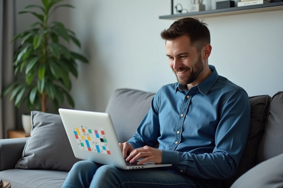 Homme utilisant un outil de mots fléchés en ligne sur son ordinateur portable dans un salon moderne