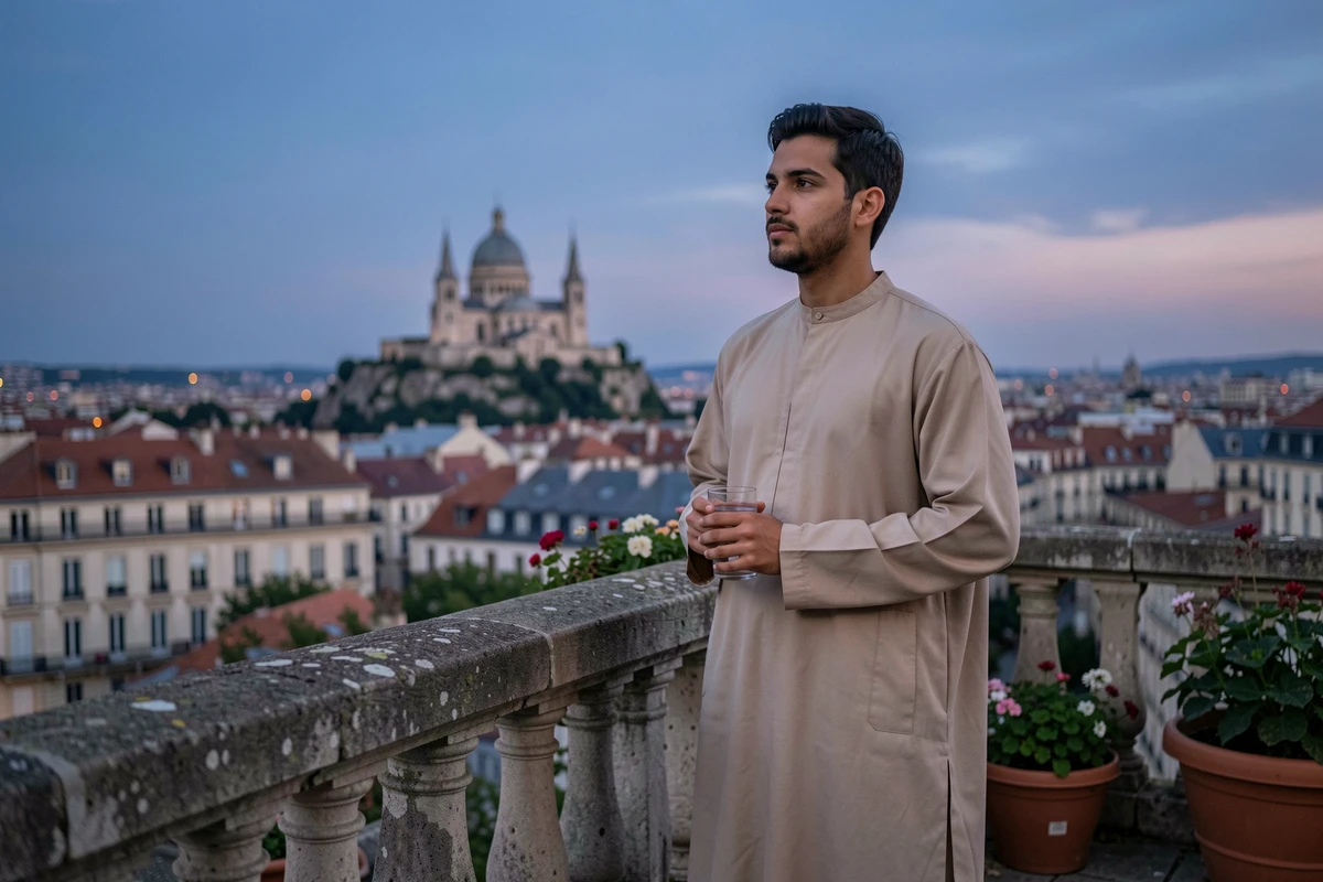 Jeune homme musulman sur un balcon lyonnais attendant l'heure de la rupture du jeûne du Ramadan avec vue sur la ville