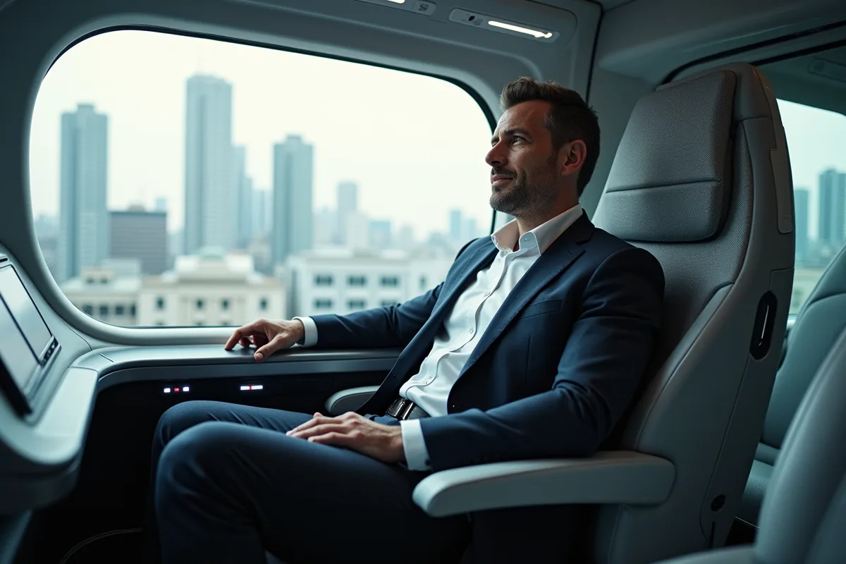 Homme dans un cockpit de transport futuriste intérieur