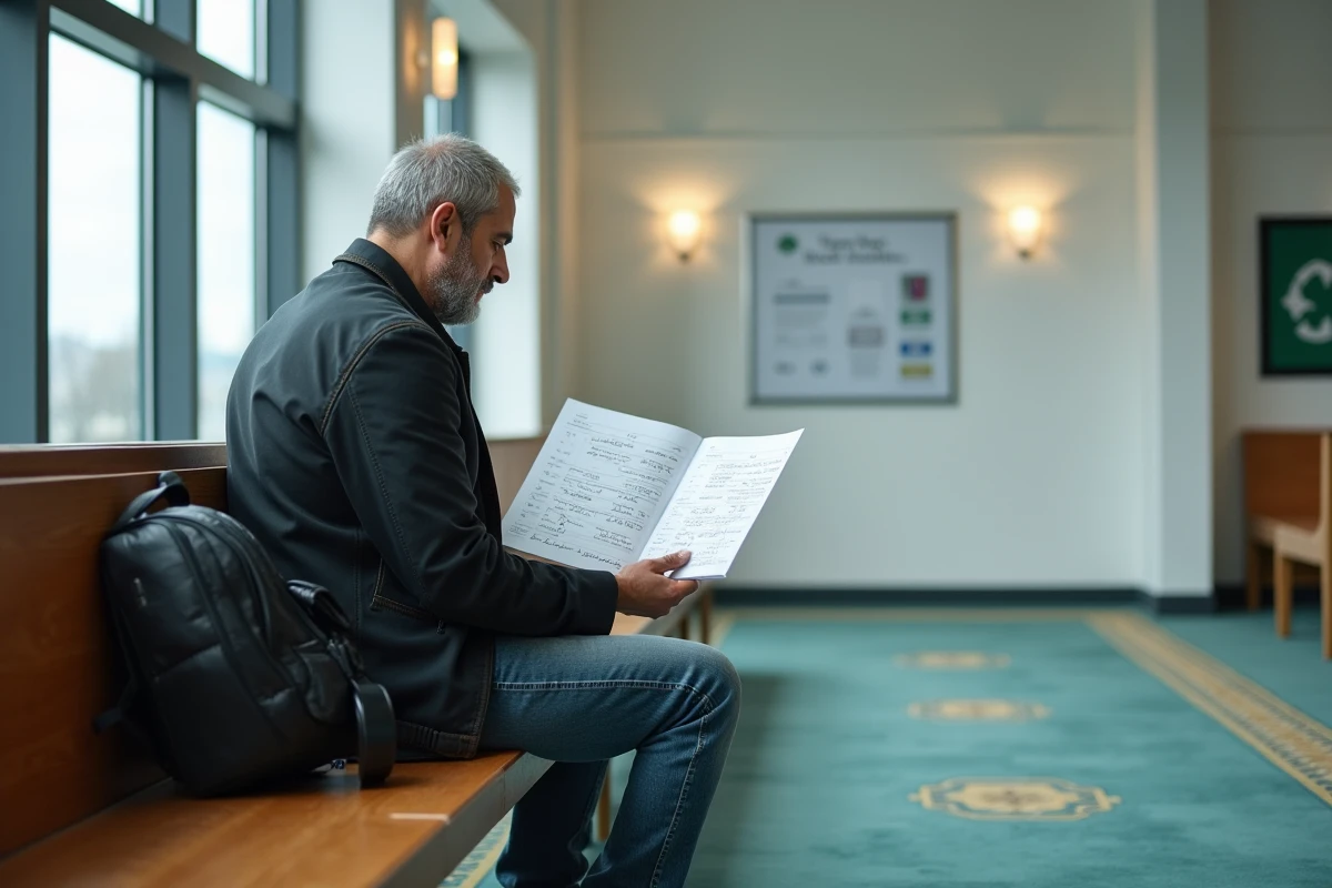 Homme en prière dans une salle moderne à Paris