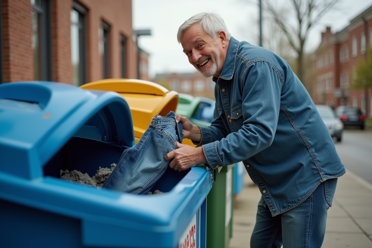 Homme chargeant un jean usé dans une benne de recyclage en extérieur