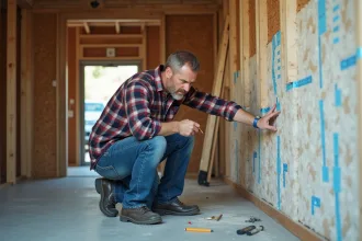 Hommes rénovant un garage avec isolation et outils