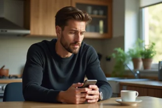 Homme en cuisine regardant son smartphone avec jalousie