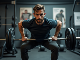 Programme corps entier : l’ultime méthode pour une transformation physique rapide Homme en pleine séance de squats dans une salle de gym moderne
