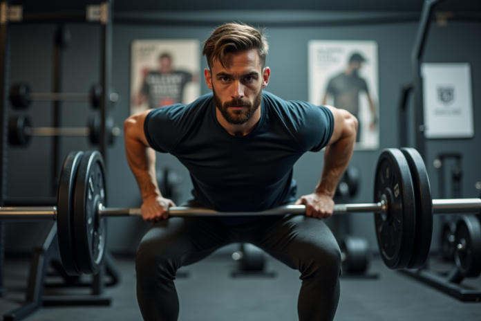homme-squats-salle-gym Homme en pleine séance de squats dans une salle de gym moderne